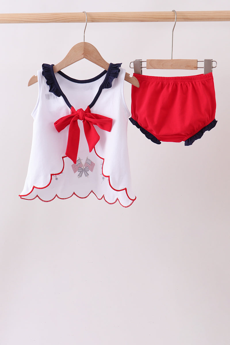 Red flag fireworks embroidery ruffle bloomer set