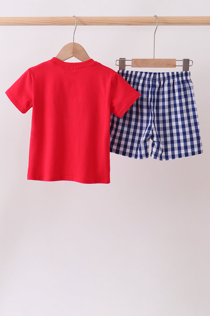 Red flag fireworks embroidery shorts set