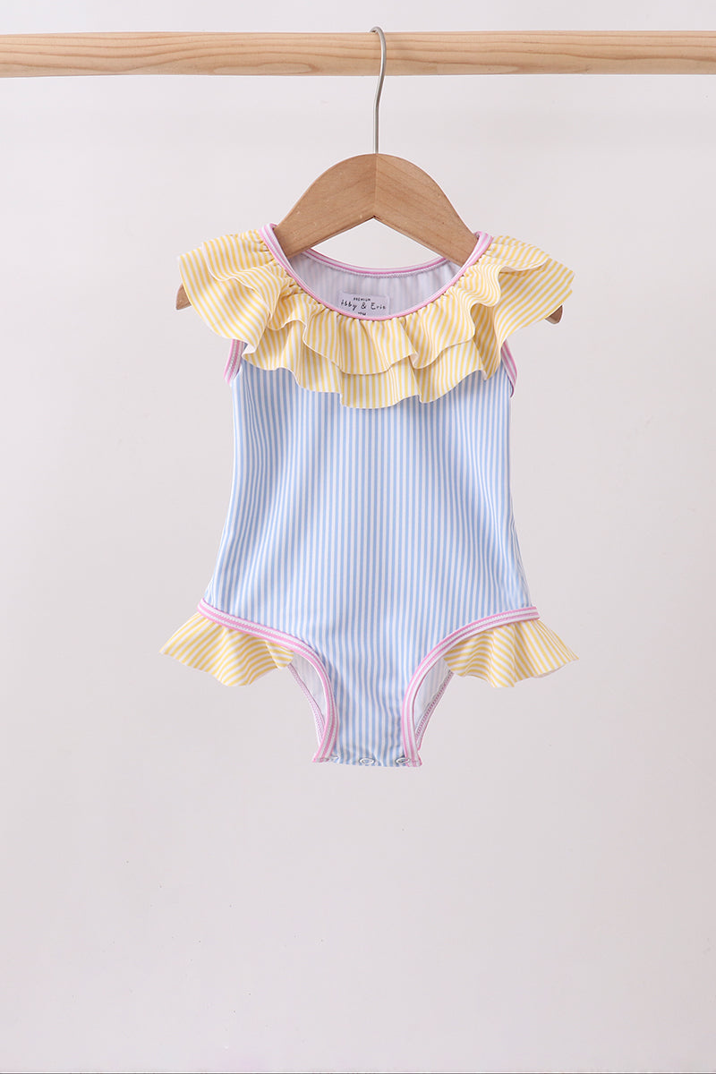 Blue stripe ruffle one-piece swimsuit