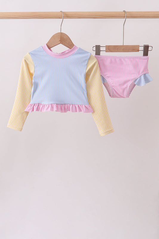Blue stripe ruffle rashguard set