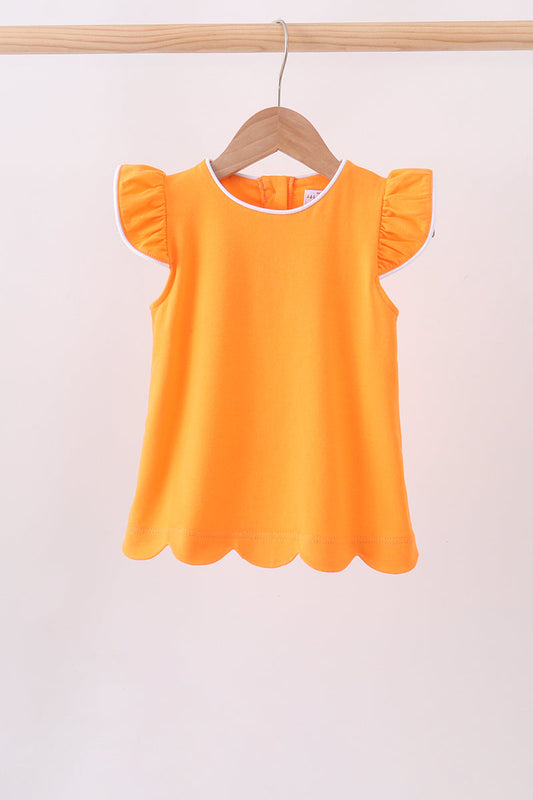 Orange flutter sleeve scalloped top