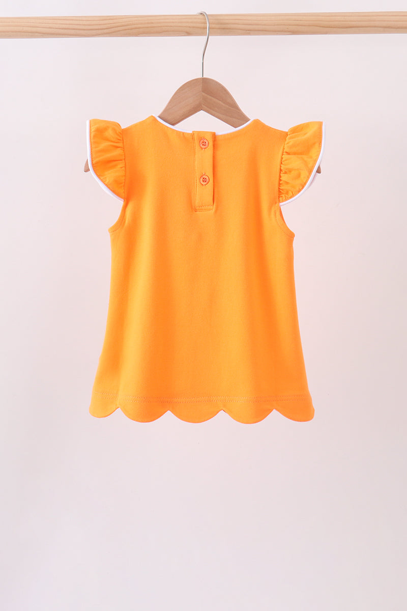 Orange flutter sleeve scalloped top