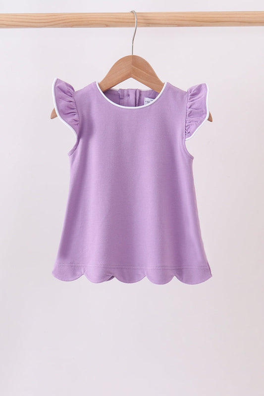 Dark purple flutter sleeve scalloped top