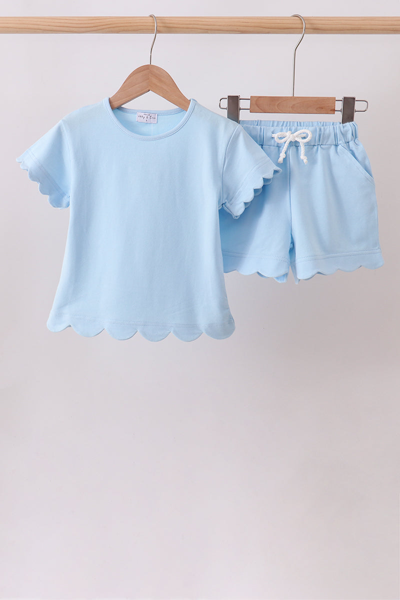 Blue Scalloped Shorts Set