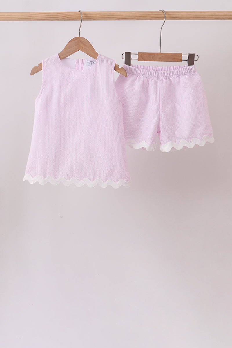 Pink Seersucker Stripe Scalloped Shorts Set