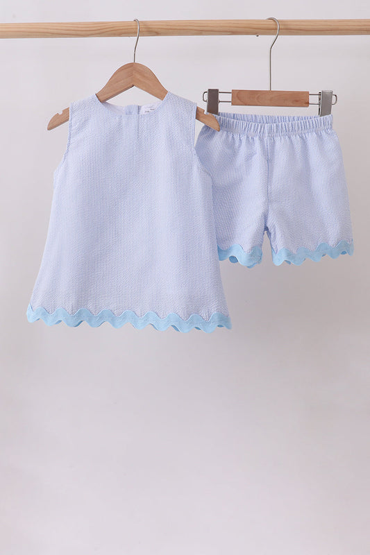 Blue Seersucker Stripe Scalloped Shorts Set