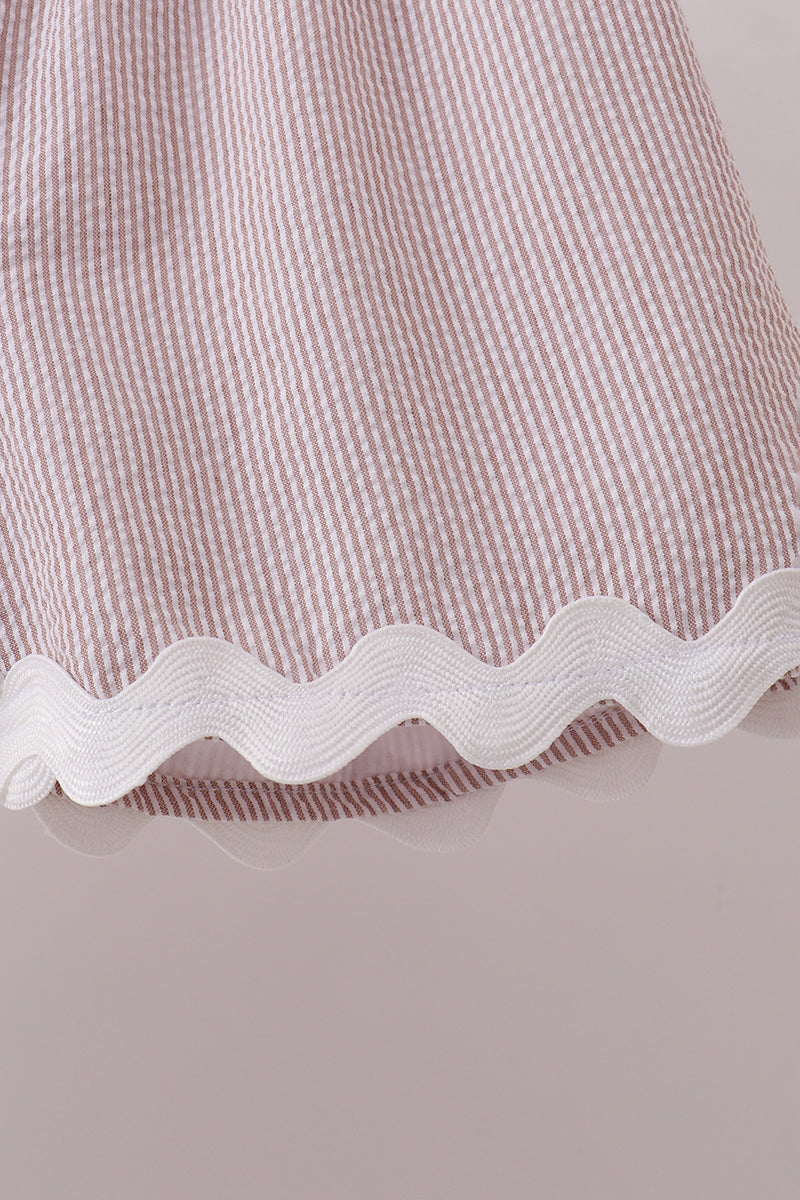 Khaki Seersucker Stripe Scalloped Shorts Set