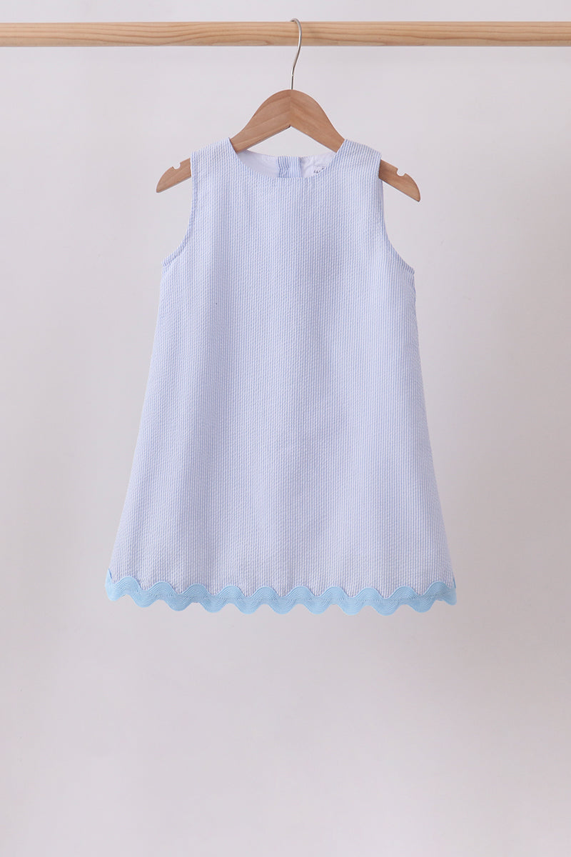 Blue Seersucker Stripe Scalloped Dress