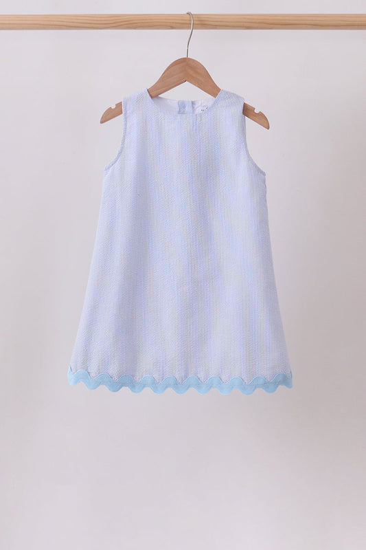 Blue Seersucker Stripe Scalloped Dress