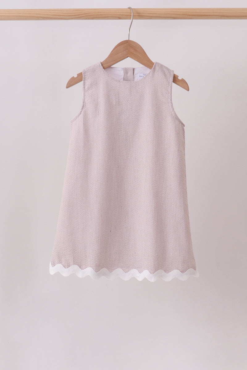 Khaki Seersucker Stripe Scalloped Dress