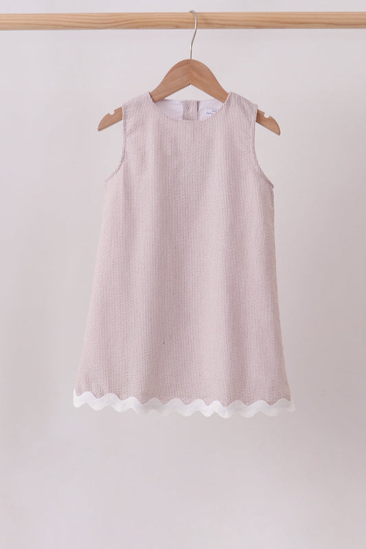 Khaki Seersucker Stripe Scalloped Dress