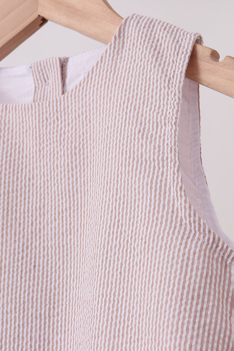 Khaki Seersucker Stripe Scalloped Dress