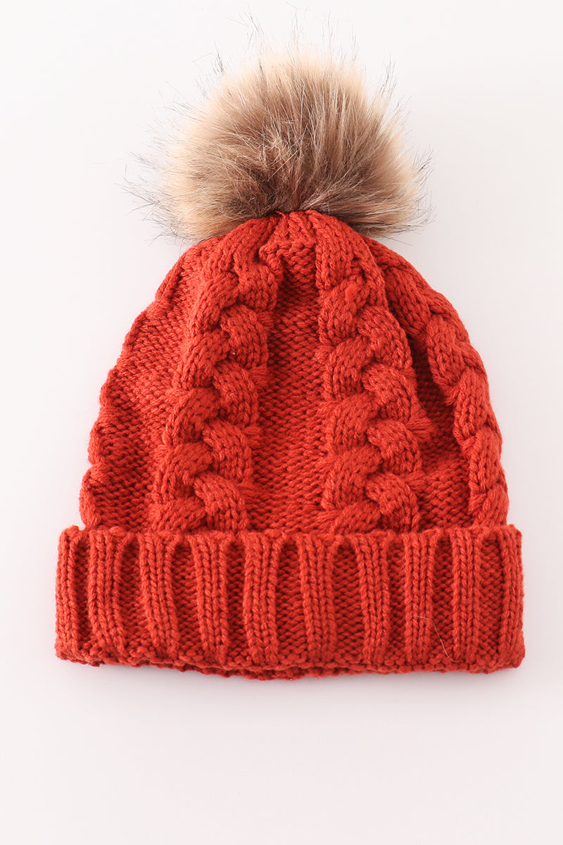 Caramel pompom  cable beanie hat