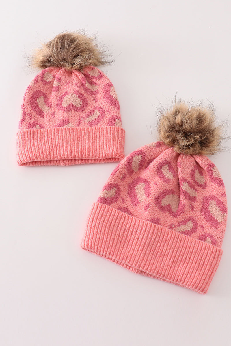 Pink pompom leopard cable beanie hat