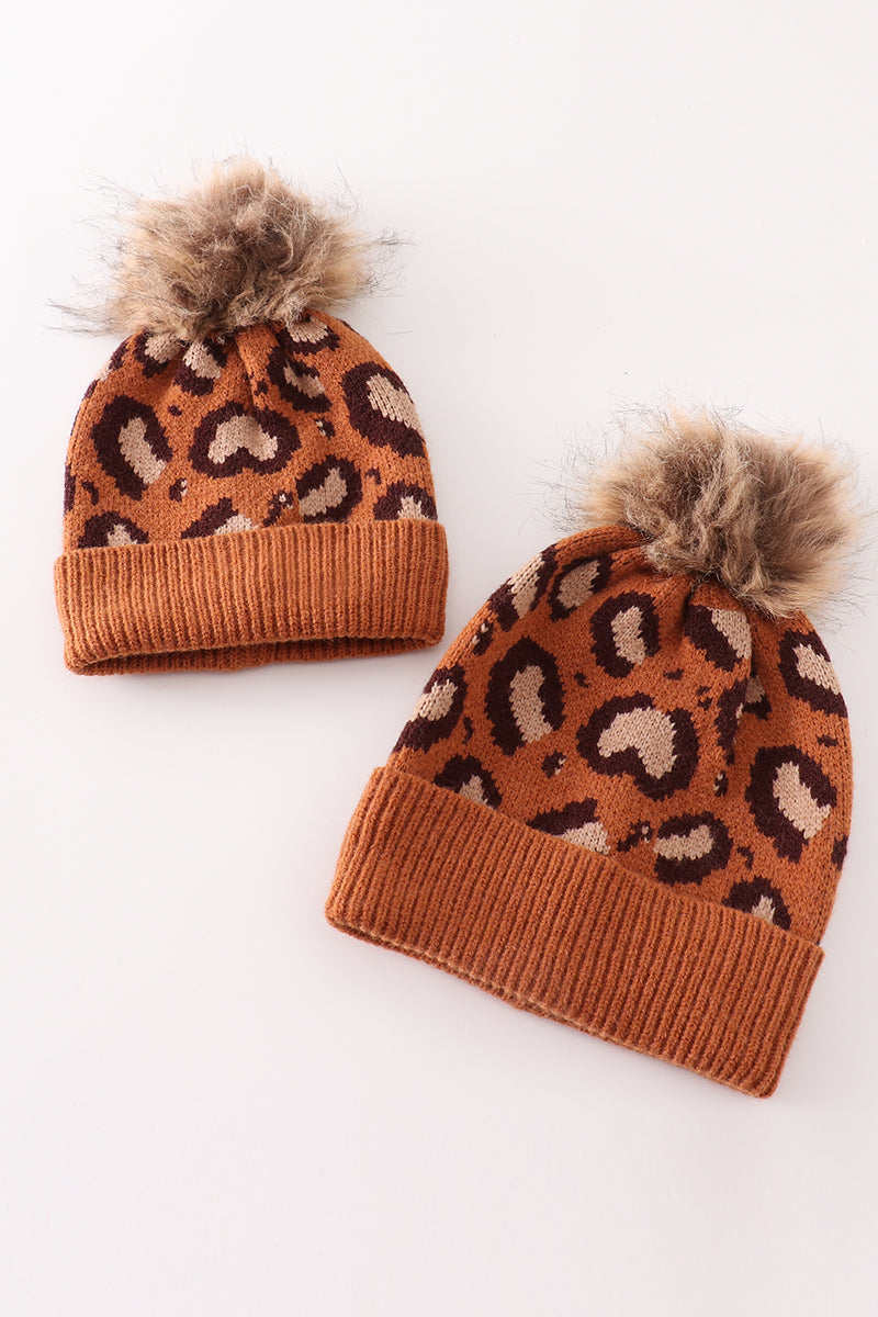 Brown pompom leopard cable beanie hat