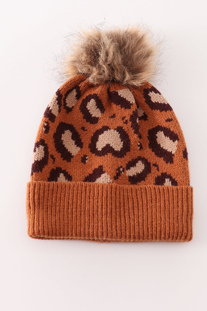 Brown pompom leopard cable beanie hat