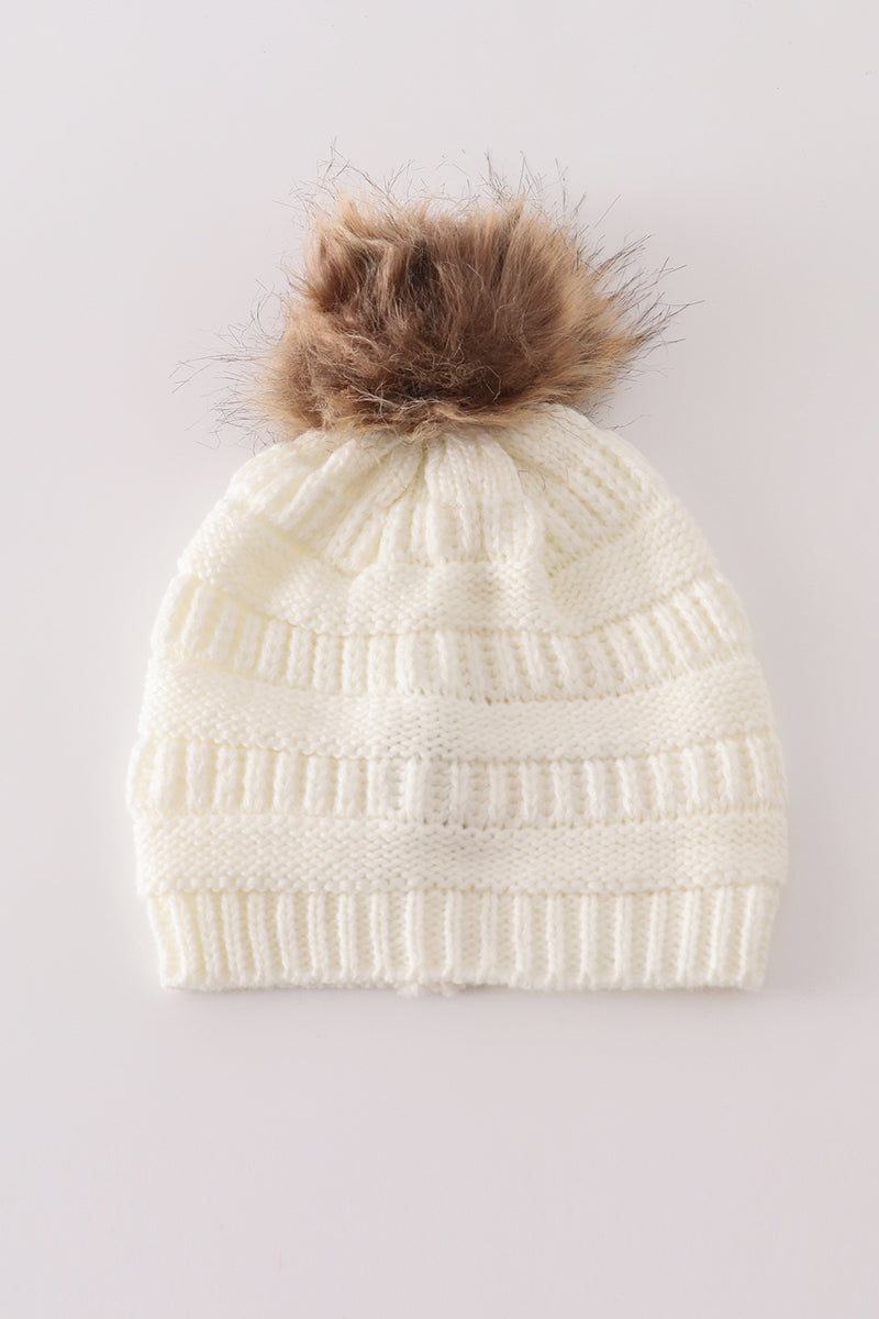 Ivory pompom cable beanie hat