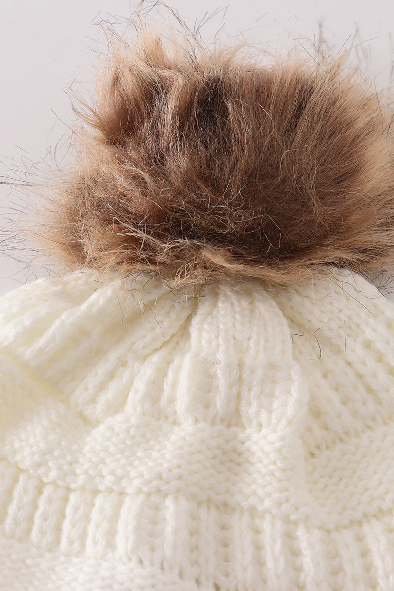 Ivory pompom cable beanie hat