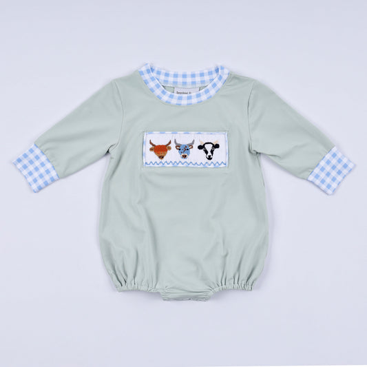 Sage cow hand smocked bubble