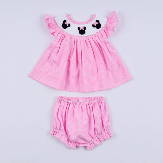 Pink character hand smocked dot ruffle bloomer set