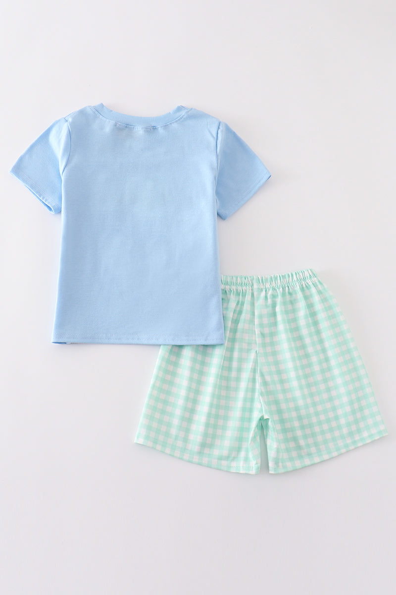 Blue tractor embroidery boy set