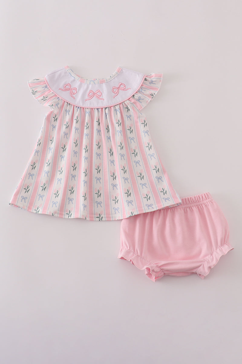 Pink Bow Embroidered Bow Bloomer Set