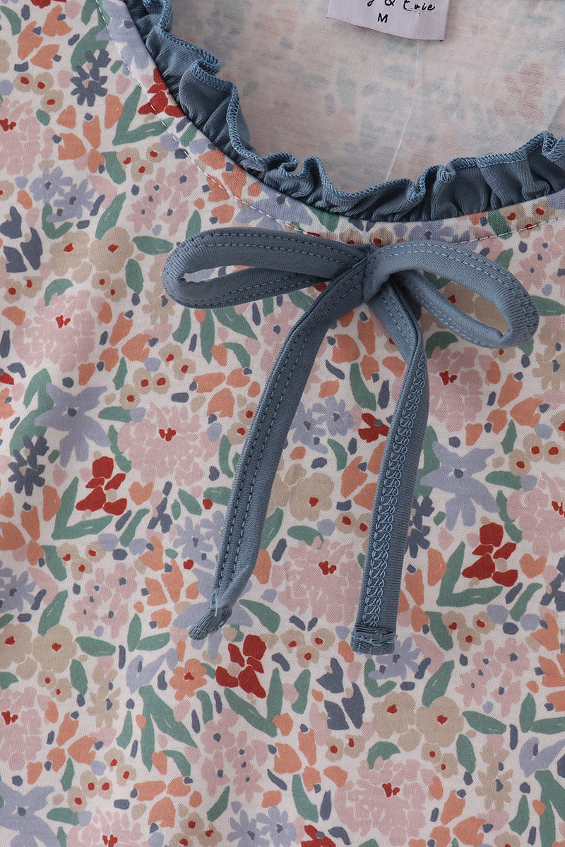 Blue floral print ruffle mom dress