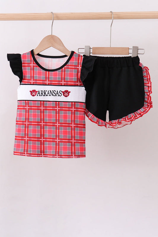 Arkansas smocked plaid ruffle shorts set