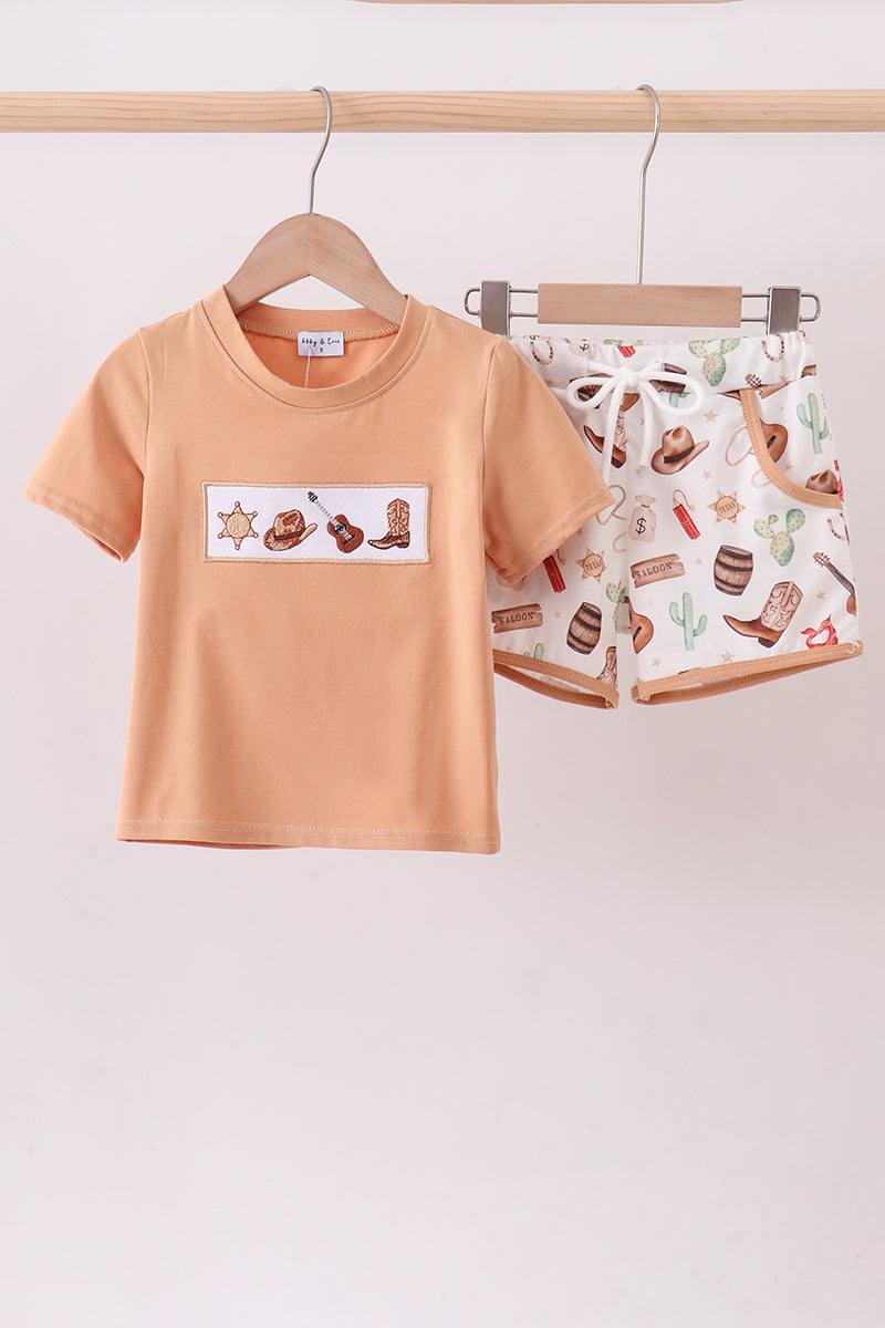 Brown Western Embroidered Shorts Set