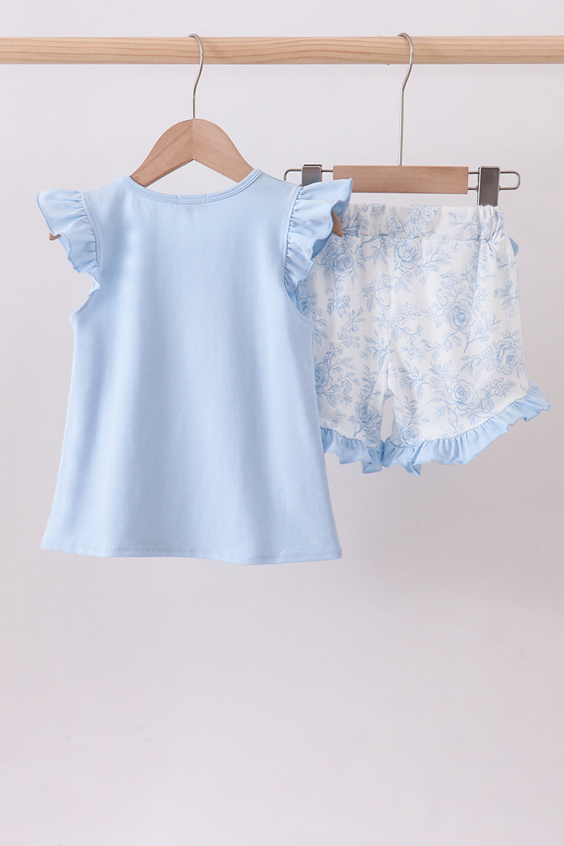 Blue Whale Applique Ruffle Shorts Set