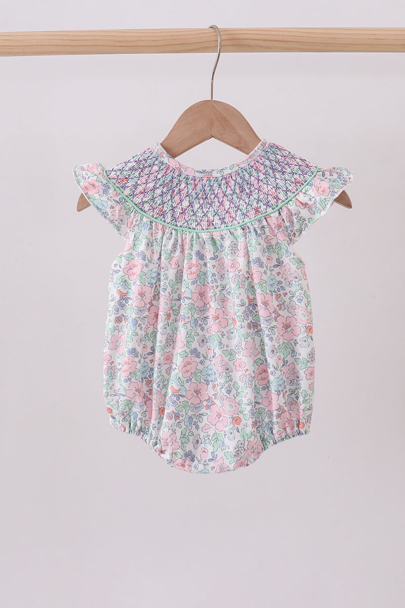 Green Floral Smocked Bubble