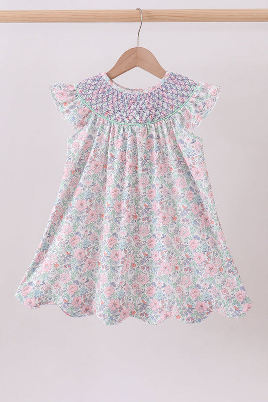 Green Floral Smocked Dress
