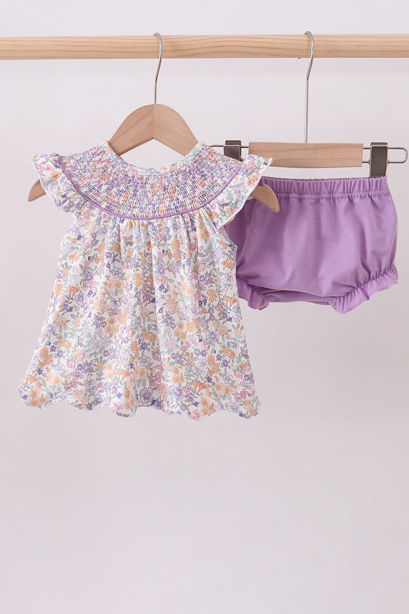 Purple Floral Smocked Bloomer Set