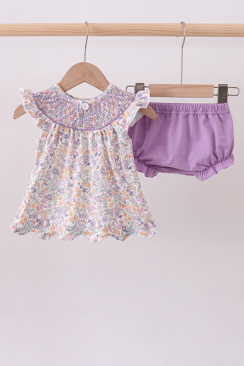 Purple Floral Smocked Bloomer Set