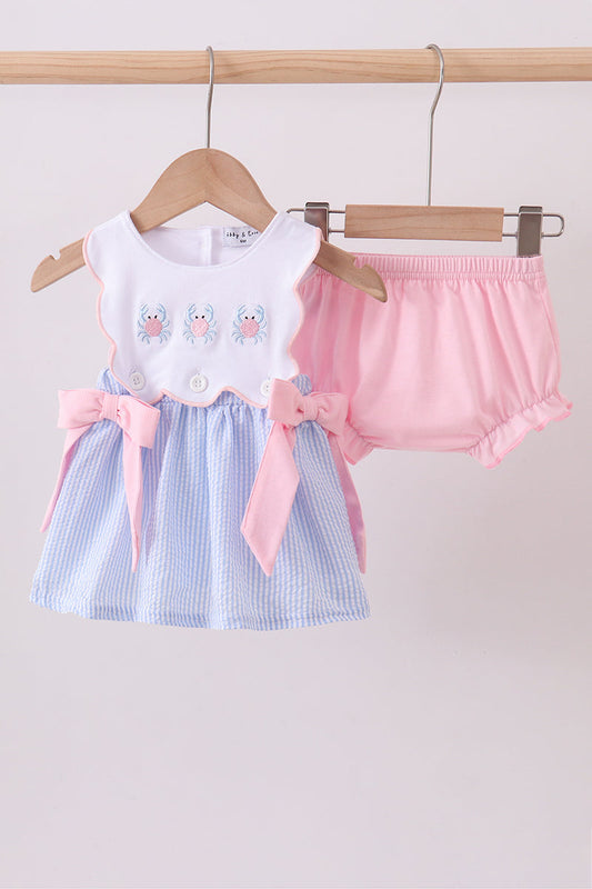 Blue Crab Embroidered Seersucker Bloomer Set