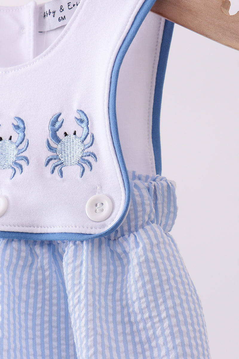 Blue Crab Embroidered Seersucker Bubble