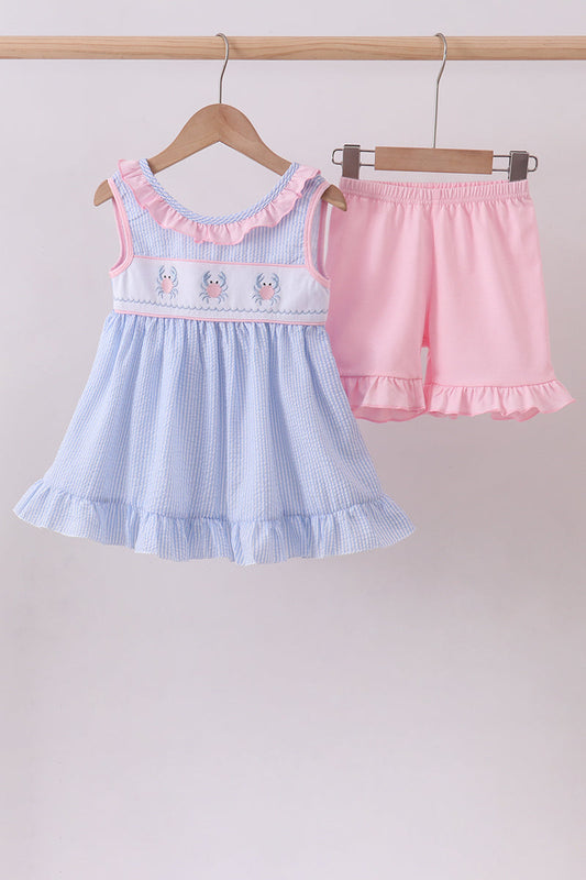 Blue Crab Embroidered Seersucker Ruffle Shorts Set