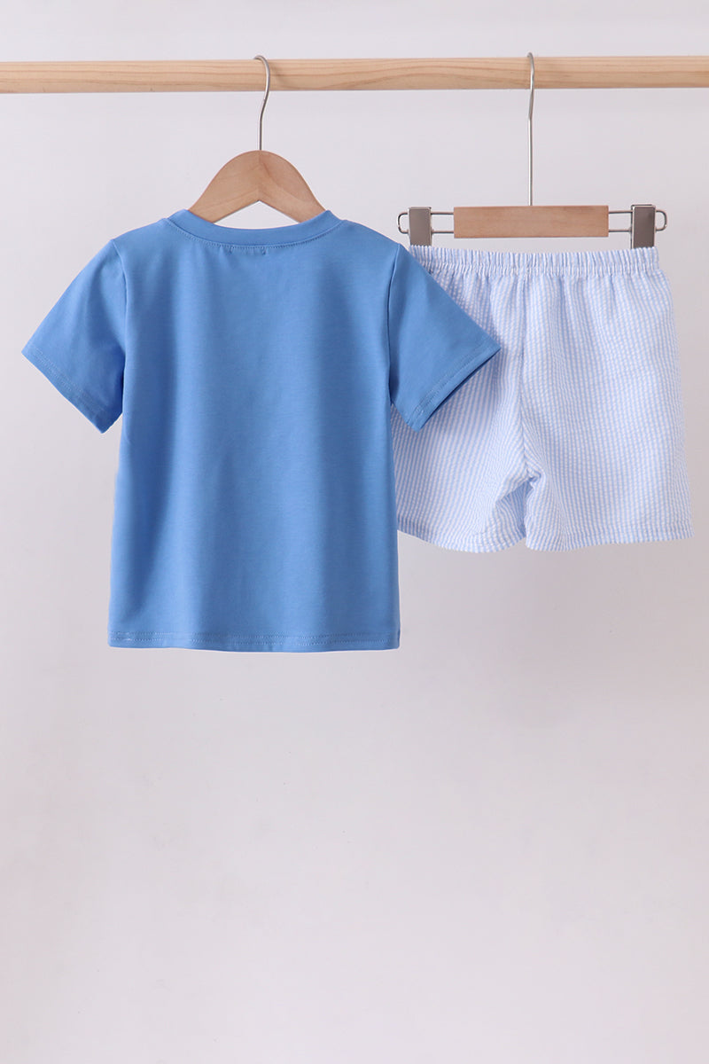 Blue Crab Embroidered Seersucker Shorts Set