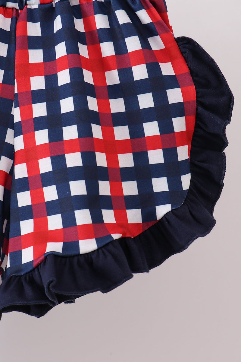 Navy flag applique gingham ruffle shorts set