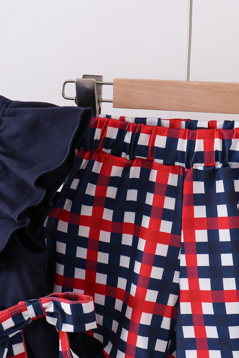 Navy flag applique gingham ruffle shorts set