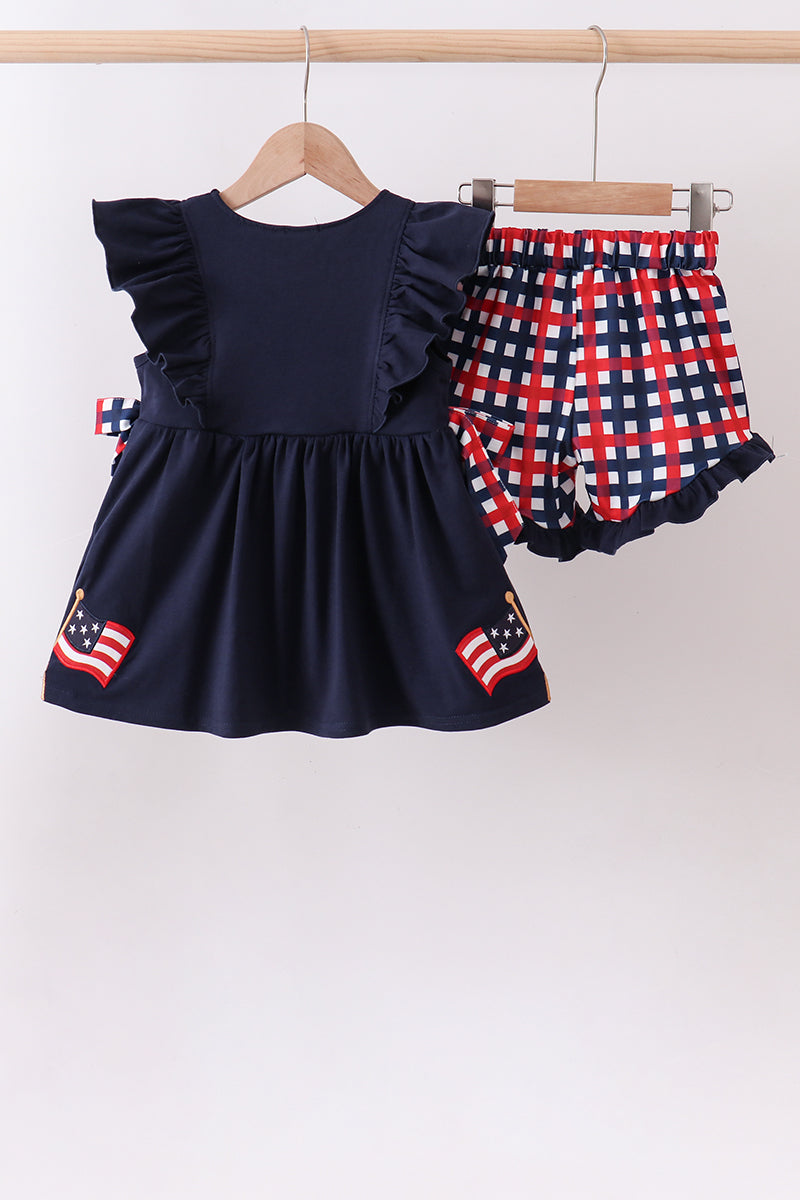 Navy flag applique gingham ruffle shorts set