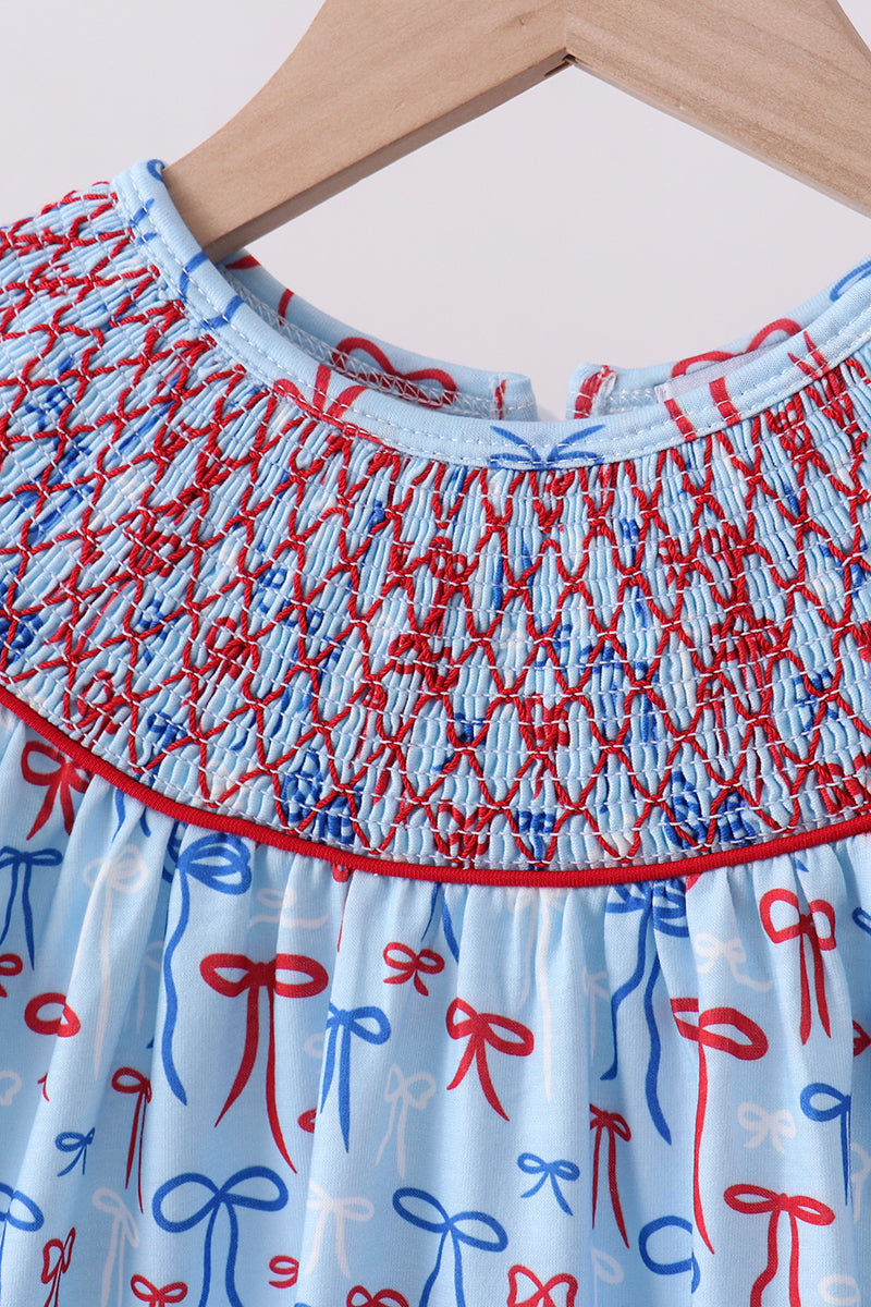 Blue bow smocked ruffle shorts set