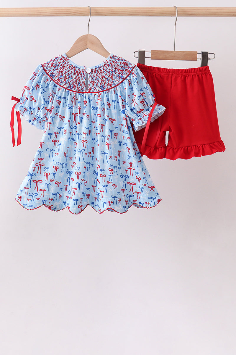 Blue bow smocked ruffle shorts set