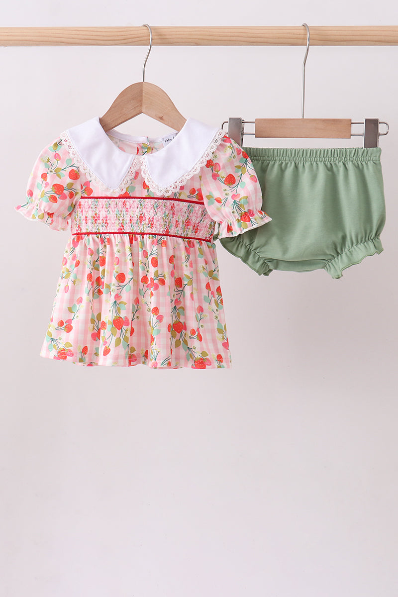 Pink strawberry smocked bloomer set