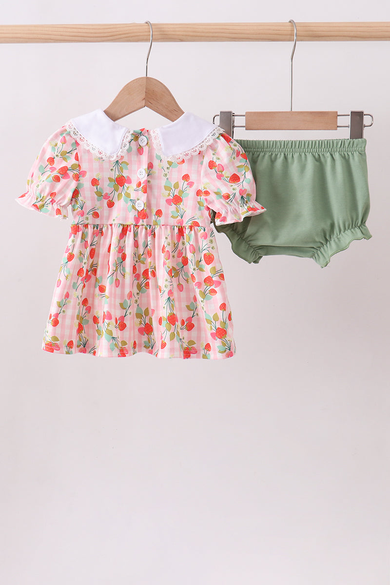 Pink strawberry smocked bloomer set