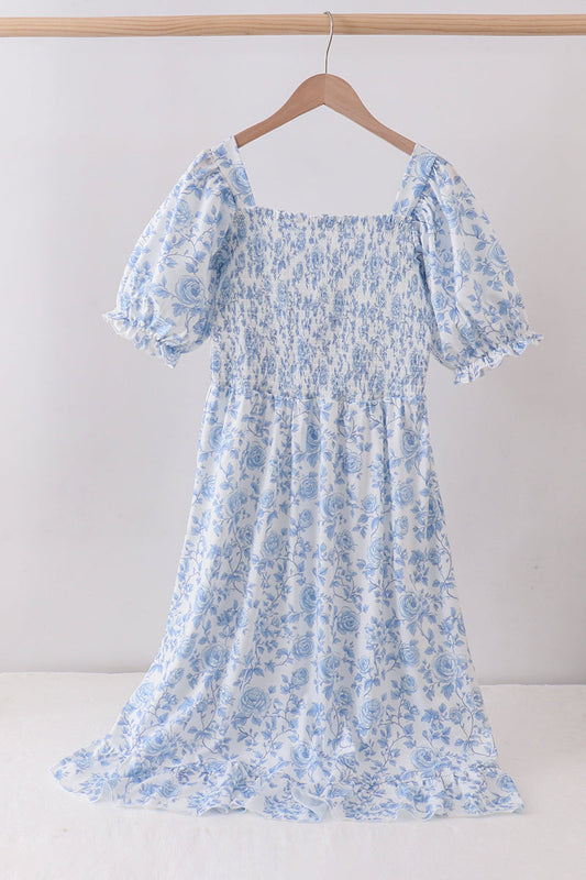 Blue rose smocked ruffle dress (length 41.33in)