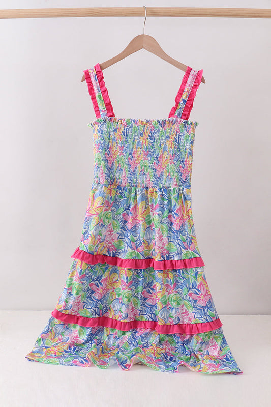 Tropical floral smocked tiered dress