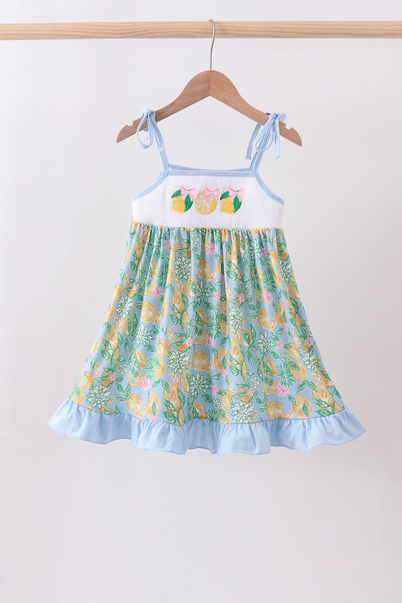 Green lemon smocked ruffle dress