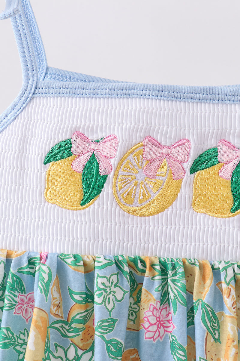 Green lemon smocked ruffle dress