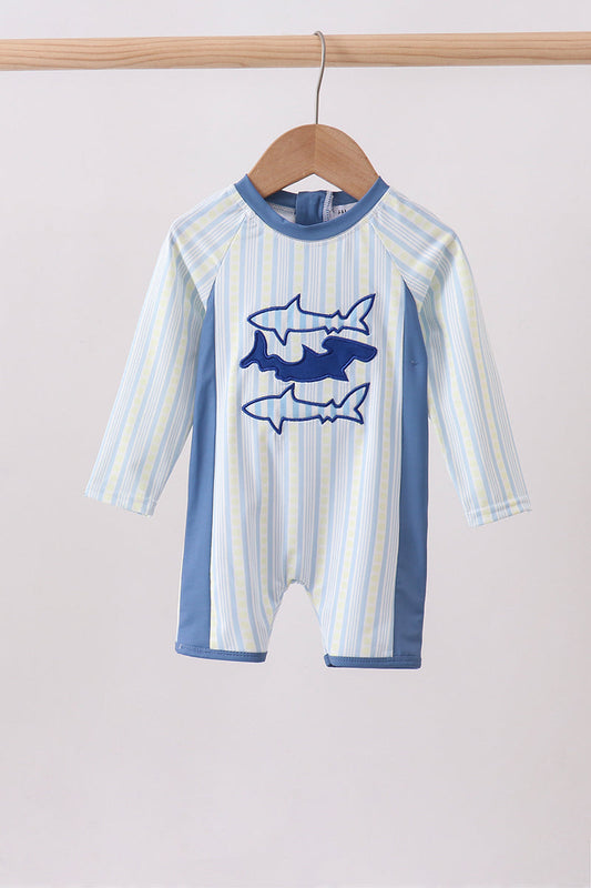 Blue shark applique stripe swimsuit